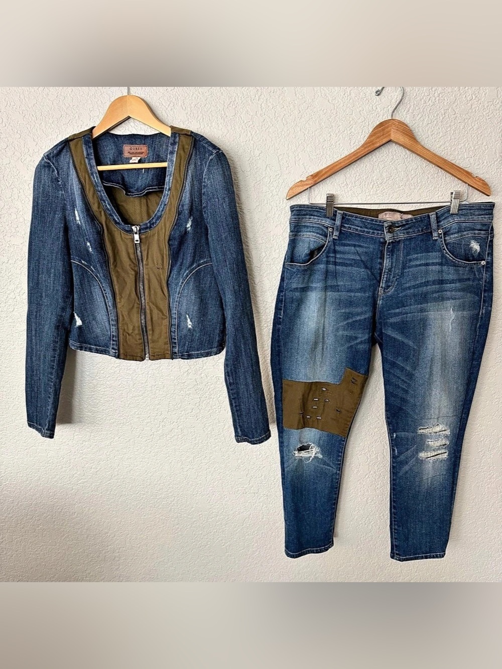 GUESS Boyfriend Distressed Denim Olive Jeans Sz 31 & Matching Moto Jacket Size L